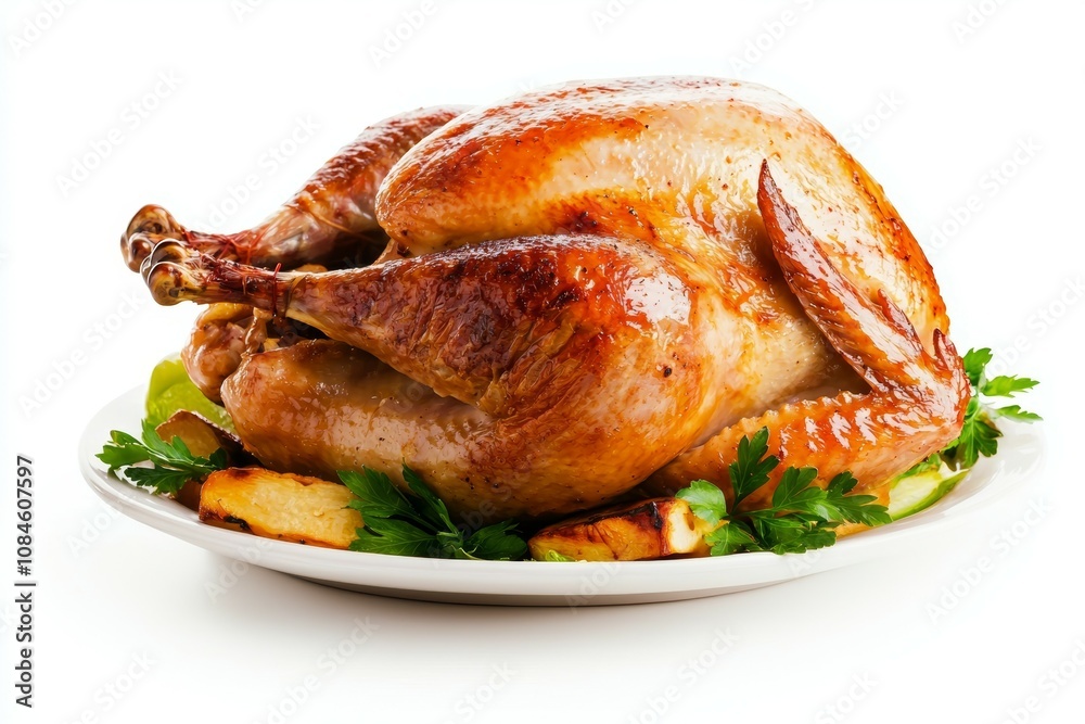 A large roasted turkey is sitting on a white plate with parsley and potatoes A large roasted turkey is sitting on a white plate with parsley and potatoes