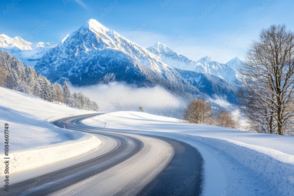 A snow covered mountain range with a winding road in the foreground A snow covered mountain range with a winding road in the foreground