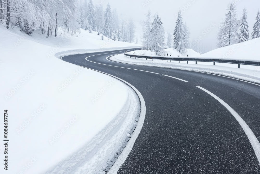 A snowy road with a curve and a white line A snowy road with a curve and a white line