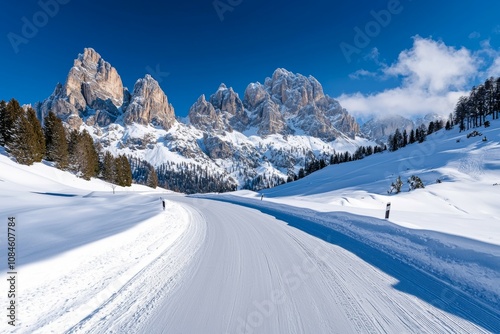 A snow covered road with a mountain range in the background