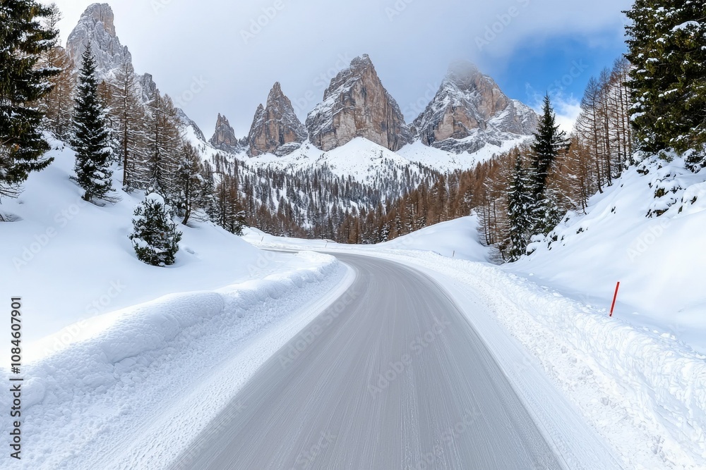 A snowy road with a mountain range in the background