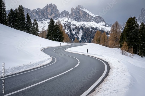 A snow covered road with a curve in it