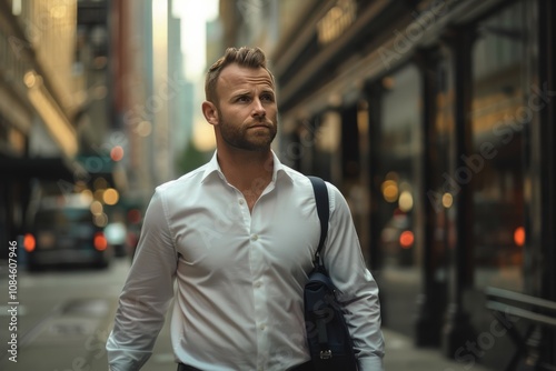 photo captures a dynamic executive, a well-built businessman in an open shirt, confidently walking