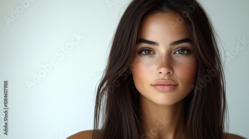 Captivating portrait of a young woman with long dark hair and striking blue eyes against a soft, neutral background in natural light