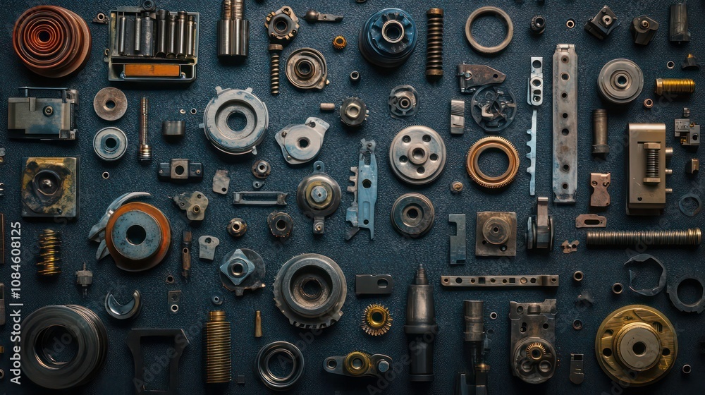 Fototapeta premium A flat lay of various metallic and steel parts, bolts, gears, screws, nuts, and washers arranged on a dark blue background.