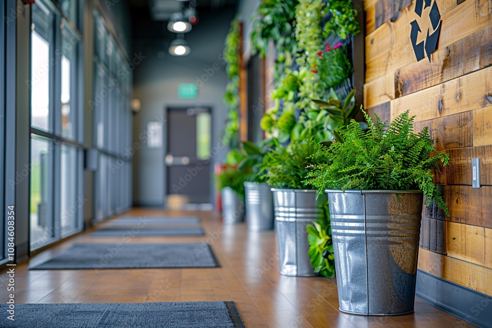 This indoor corridor showcases lush plants in metal containers alongside wooden walls. Natural light streams through large windows, creating a refreshing atmosphere