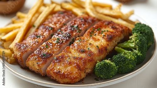 Deliciously crispy breaded pork served with golden fries and vibrant broccoli on a white plate for a satisfying meal