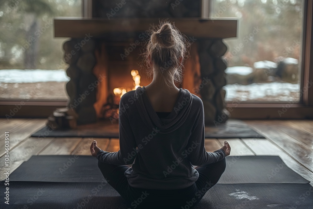 In a peaceful cabin, a woman sits cross-legged on a yoga mat, meditating quietly by a warm fireplace. Snow can be seen outside, enhancing the tranquil atmosphere In a peaceful cabin, a woman sits cross-legged on a yoga mat, meditating quietly by a warm fireplace. Snow can be seen outside, enhancing the tranquil atmosphere