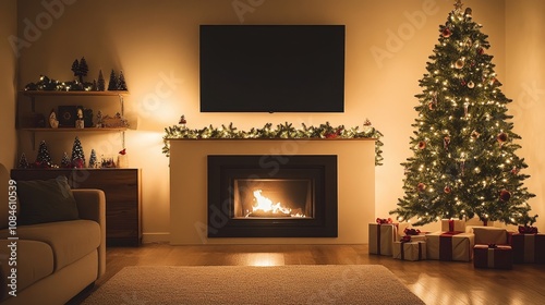 Cozy living room with fireplace and decorated christmas tree