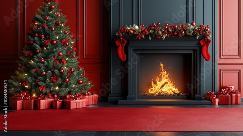 Cozy holiday setting with a christmas tree and fireplace adorned with decorations