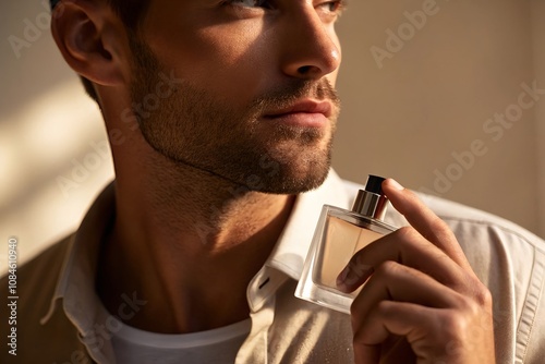 Close-up of a man holding a blank perfume bottle, perfect for branding, logo placement, or product design mockups. Template.
