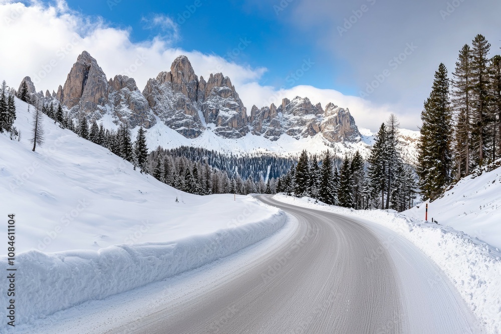 A snowy mountain range is in the background of a road A snowy mountain range is in the background of a road