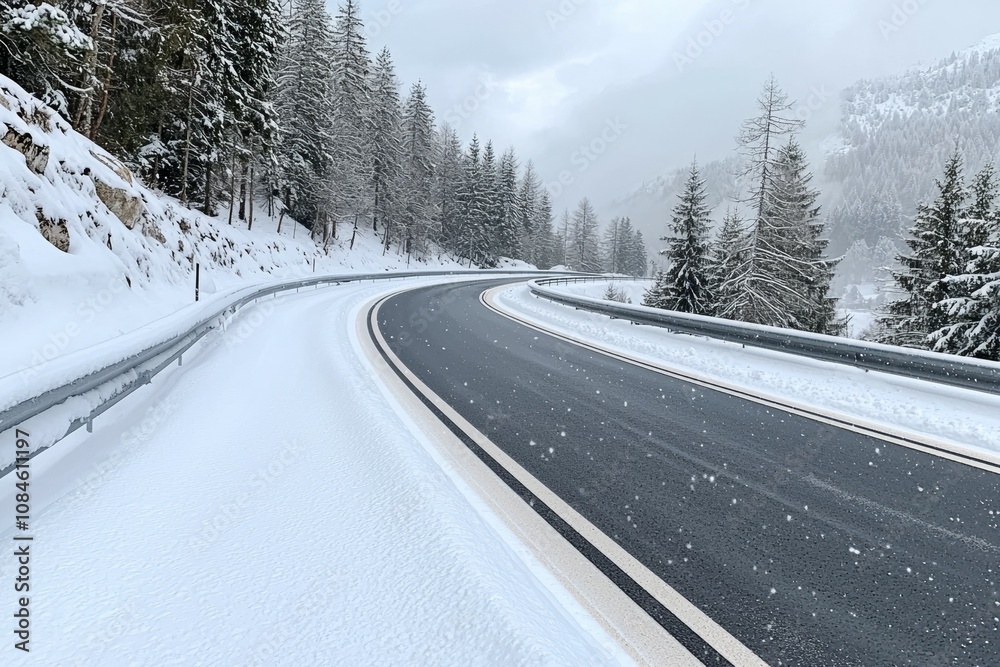 A snowy road with trees in the background A snowy road with trees in the background