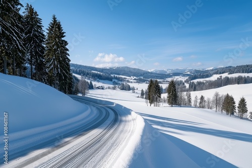 A snowy road with trees in the background