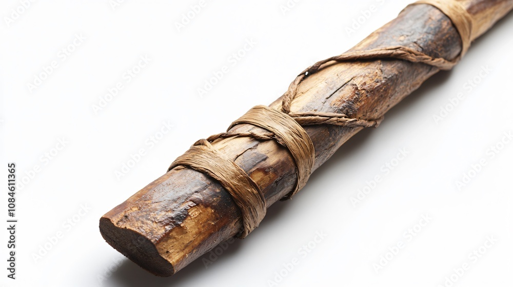 Close-up of a rustic wooden handle with cord binding, showcasing natural texture and craftsmanship. Ideal for projects related to ancient tools, traditional crafts, or organic materials. Close-up of a rustic wooden handle with cord binding, showcasing natural texture and craftsmanship. Ideal for projects related to ancient tools, traditional crafts, or organic materials.