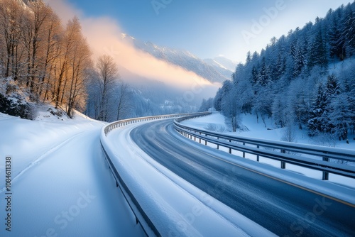 A snow covered road with a mountain in the background