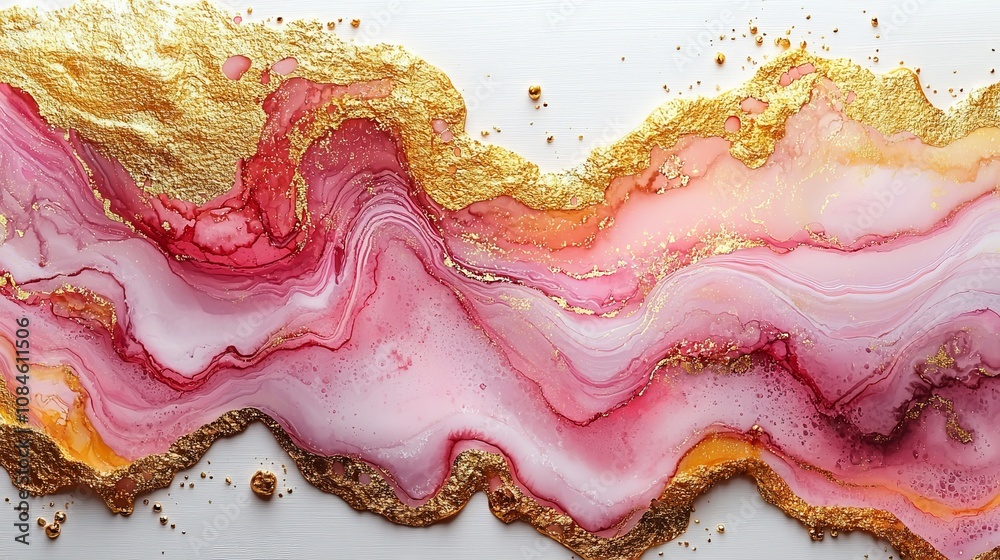 Abstract art featuring swirling pink, gold, and orange hues with a glossy finish. Abstract art featuring swirling pink, gold, and orange hues with a glossy finish.