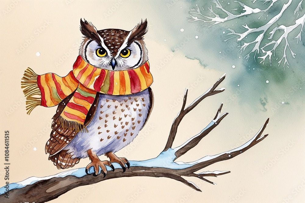 Obraz premium Winter Owl Watercolor Illustration Sitting on a Branch Wearing a Joyful Scarf