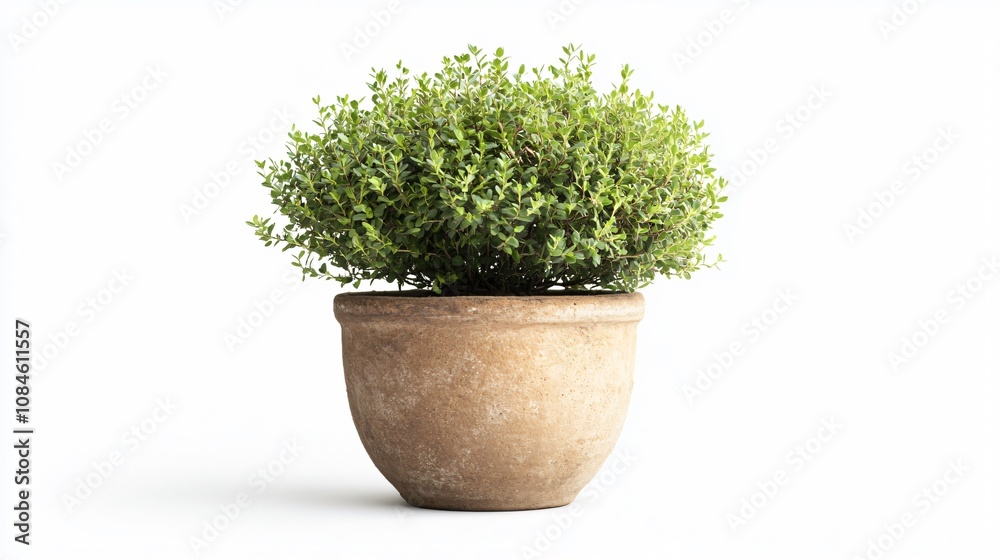 Fototapeta premium Lush Green Plant in Rustic Clay Pot on White Background: A Touch of Nature for Your Home Decor