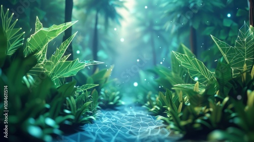 A mystical, digital forest with glowing leaves and a stream of light.