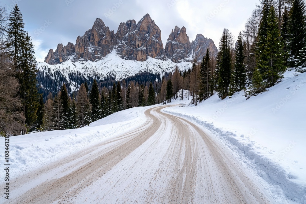 A snow covered road with a mountain in the background