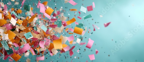 Colorful confetti explosion on teal background