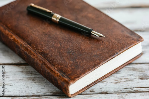 Vintage leather journal and fountain pen on wooden table