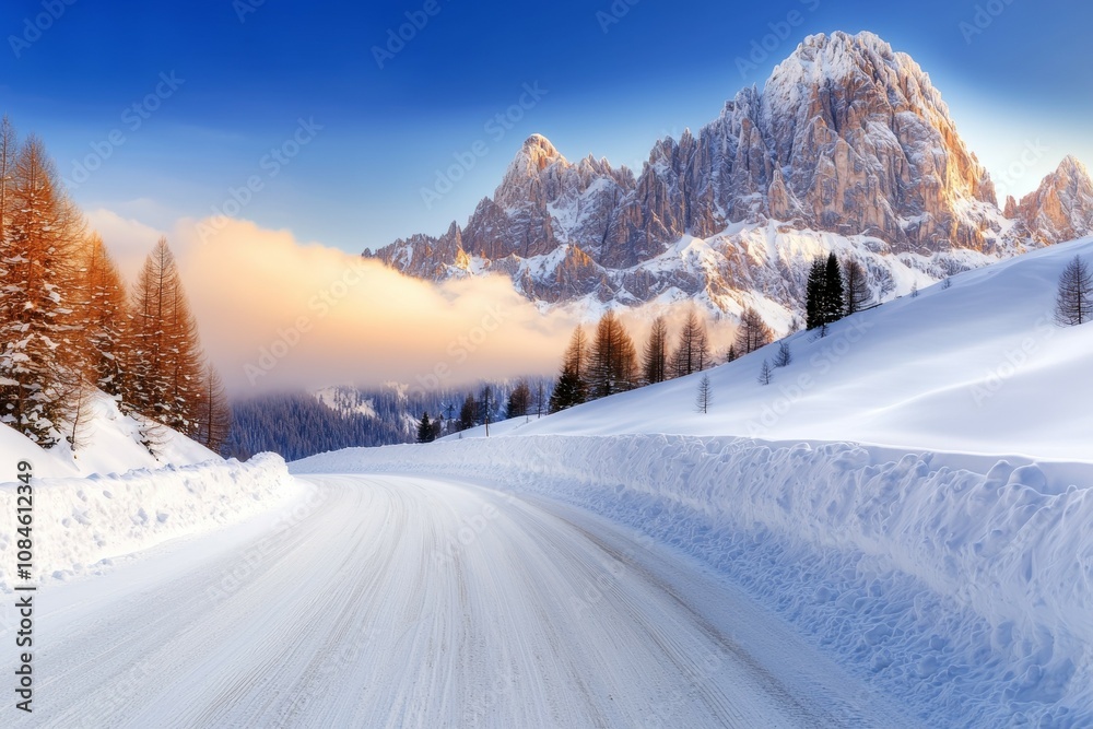 A snow covered road with a mountain in the background A snow covered road with a mountain in the background