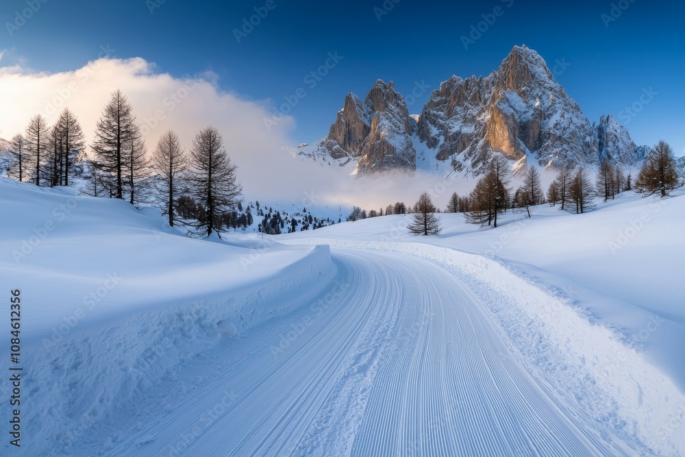 A snow covered road with trees in the background A snow covered road with trees in the background