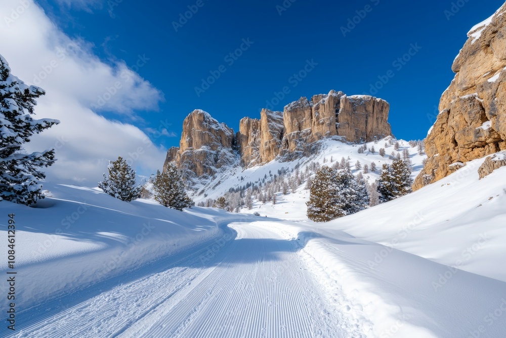 A snow covered road with a mountain in the background A snow covered road with a mountain in the background