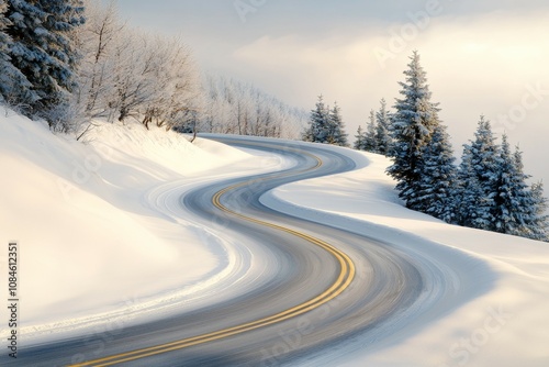 A snowy road with a curve and trees in the background