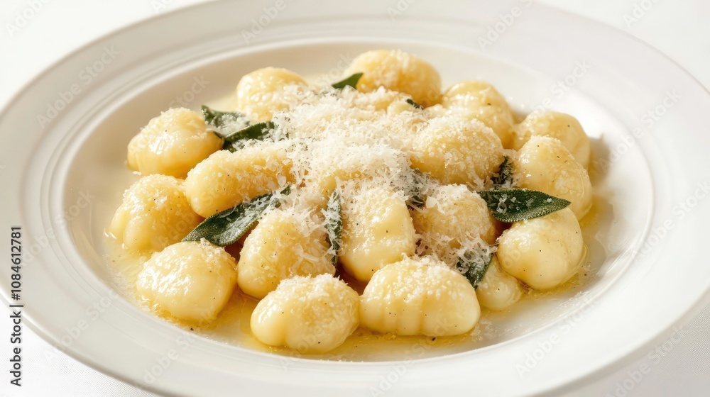 A plate of gnocchi with sage leaves and parmesan cheese. A plate of gnocchi with sage leaves and parmesan cheese.