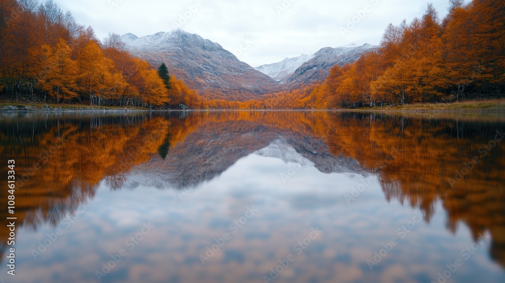 Serene autumn landscape with mountain reflection Serene autumn landscape with mountain reflection