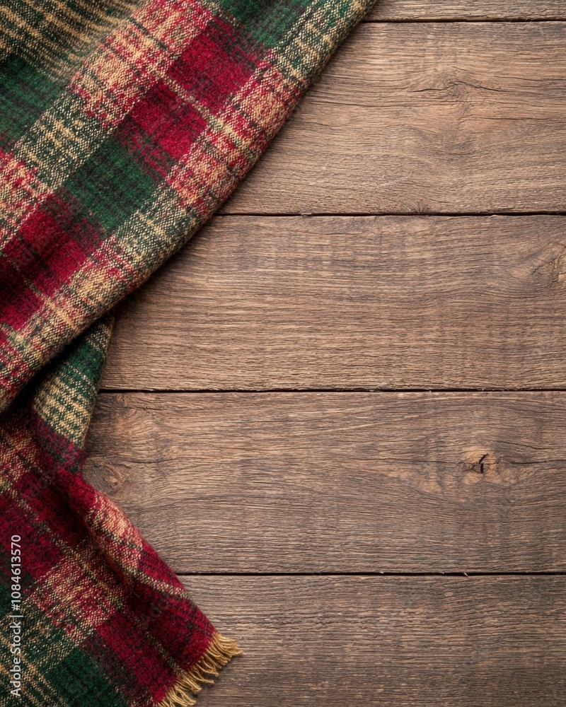 cozy plaid blanket on rustic wooden background cozy plaid blanket on rustic wooden background