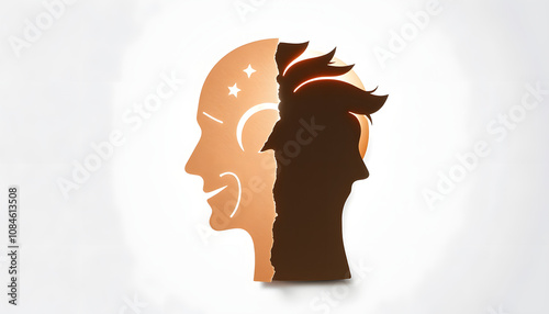 Mental Health Disorder Concept. Bipolar Disorder Person. Unstable Psycho. Layers of Paper Cut as Human Head presenting Different of Emotions. Happiness and Depression Emotion inside isolated with wh photo