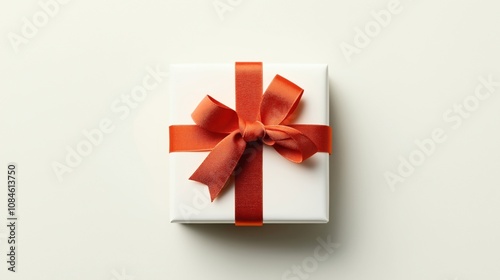 Square white gift box with a large red ribbon and bow on a light-colored background, viewed from above, emphasizing simplicity and elegance in presentation.