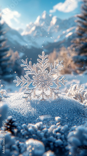 Schneeflocke in stiller Winterlandschaft photo