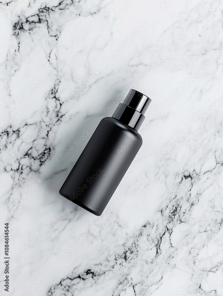 A sleek black bottle with a shiny silver cap rests on a polished marble surface, perfect for showcasing beauty products or lotions in a minimalist setting A sleek black bottle with a shiny silver cap rests on a polished marble surface, perfect for showcasing beauty products or lotions in a minimalist setting