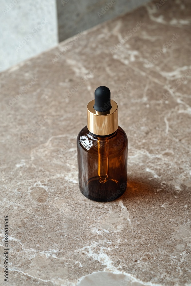 An amber glass dropper bottle rests gracefully on a smooth marble surface, showcasing its sleek design in a bright area, emphasizing the harmony of natural materials and modern aesthetics An amber glass dropper bottle rests gracefully on a smooth marble surface, showcasing its sleek design in a bright area, emphasizing the harmony of natural materials and modern aesthetics