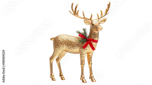 Christmas deer isolated on white, with red ribbon. Transparent background.
