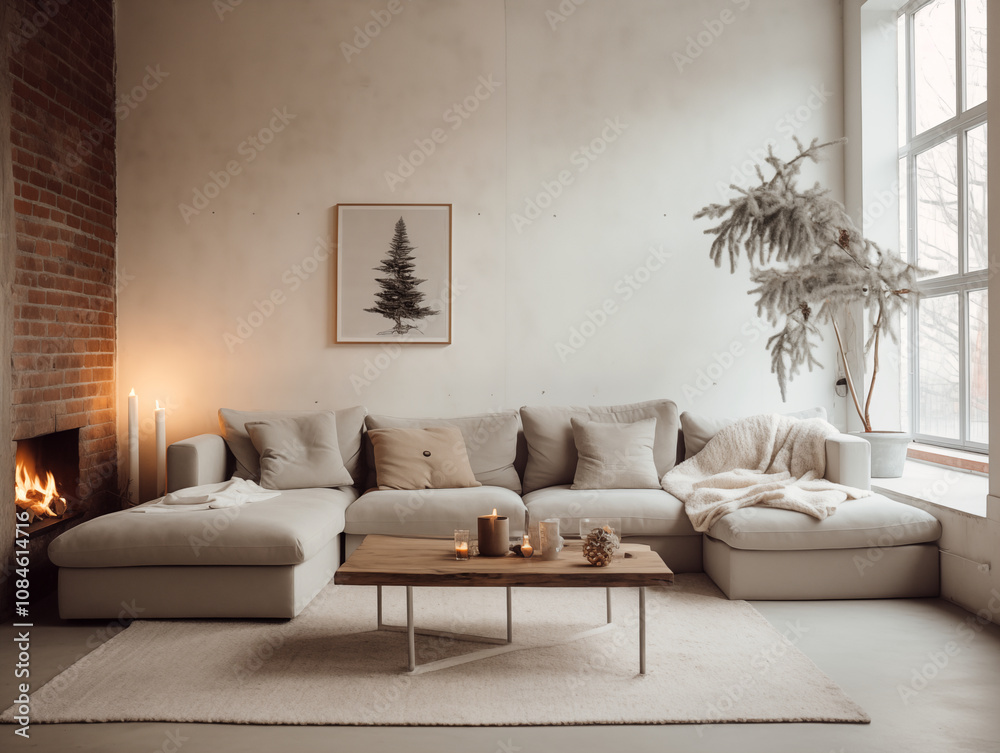 Simple minimalist rustic wabi sabi and japandi inspired living room decorated for Christmas. Neutral rustic stucco walls with couch and christmas decorations. Simple living concept.
