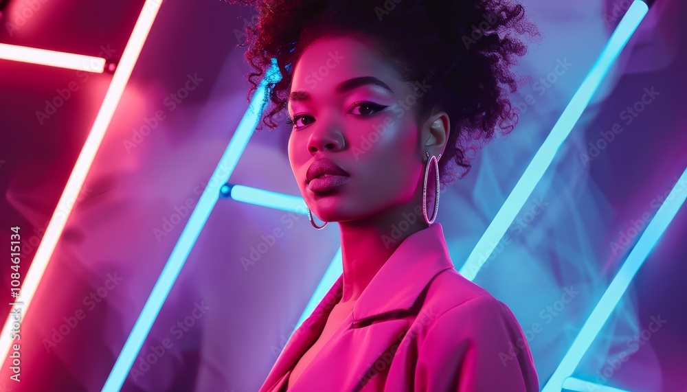 Chic black friday fashion display featuring model posing in neon lights urban setting high-contrast contemporary style Chic black friday fashion display featuring model posing in neon lights urban setting high-contrast contemporary style