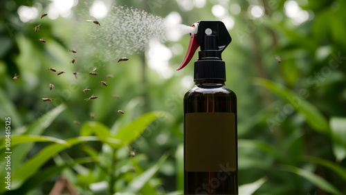 Mosquito repellent spray, close up. Bottle of protective insect repellent on green tropical jungle background with flying mosquitos