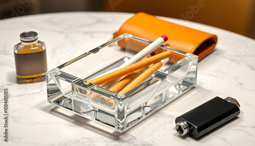 Glass ashtray with long cigarettes holder, clutch, pocket flask and lighter on white marble table isolated with white highlights, png