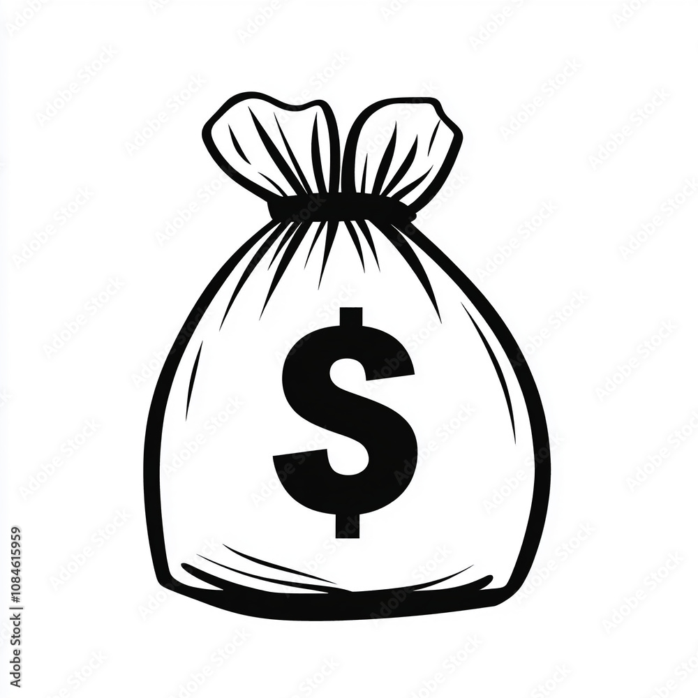 A black and white illustration of a money bag featuring a dollar sign, symbolizing wealth and finance in a simple yet effective design A black and white illustration of a money bag featuring a dollar sign, symbolizing wealth and finance in a simple yet effective design
