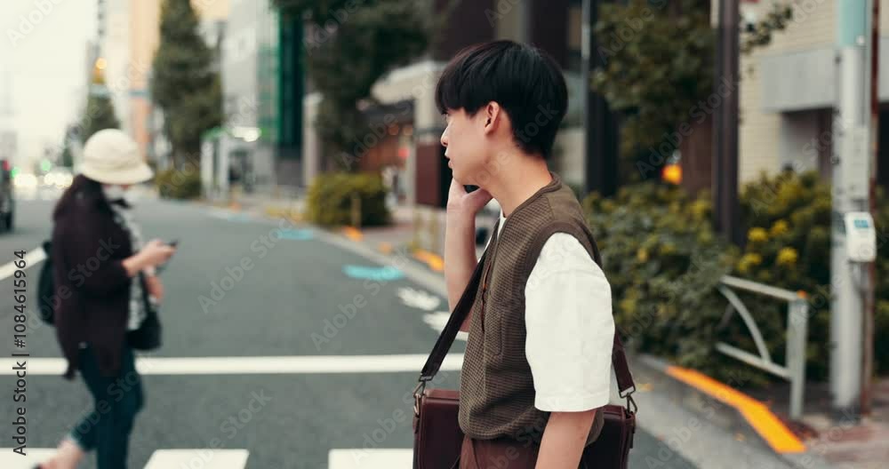 Typing, walking and Japanese man with cellphone, travel and online chatting in urban town. Outdoor, person and student with smartphone, mobile user and message to contact, street and social media