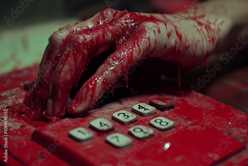 a bloody hand tries to dial a phone number on a landline phone photo