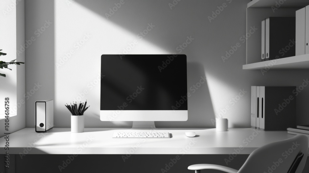 Minimalist white desk with computer, keyboard, mouse, and a plant in a bright room. Minimalist white desk with computer, keyboard, mouse, and a plant in a bright room.