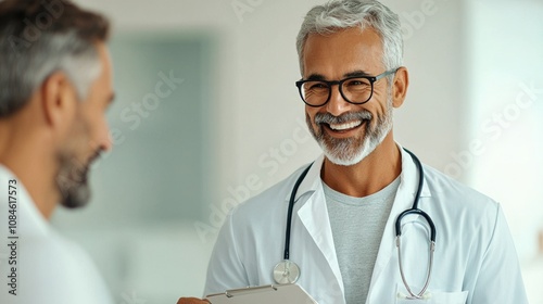 Smiling senior male doctor with stethoscope talking with colleague in hospital. Healthcare professional interaction concept.