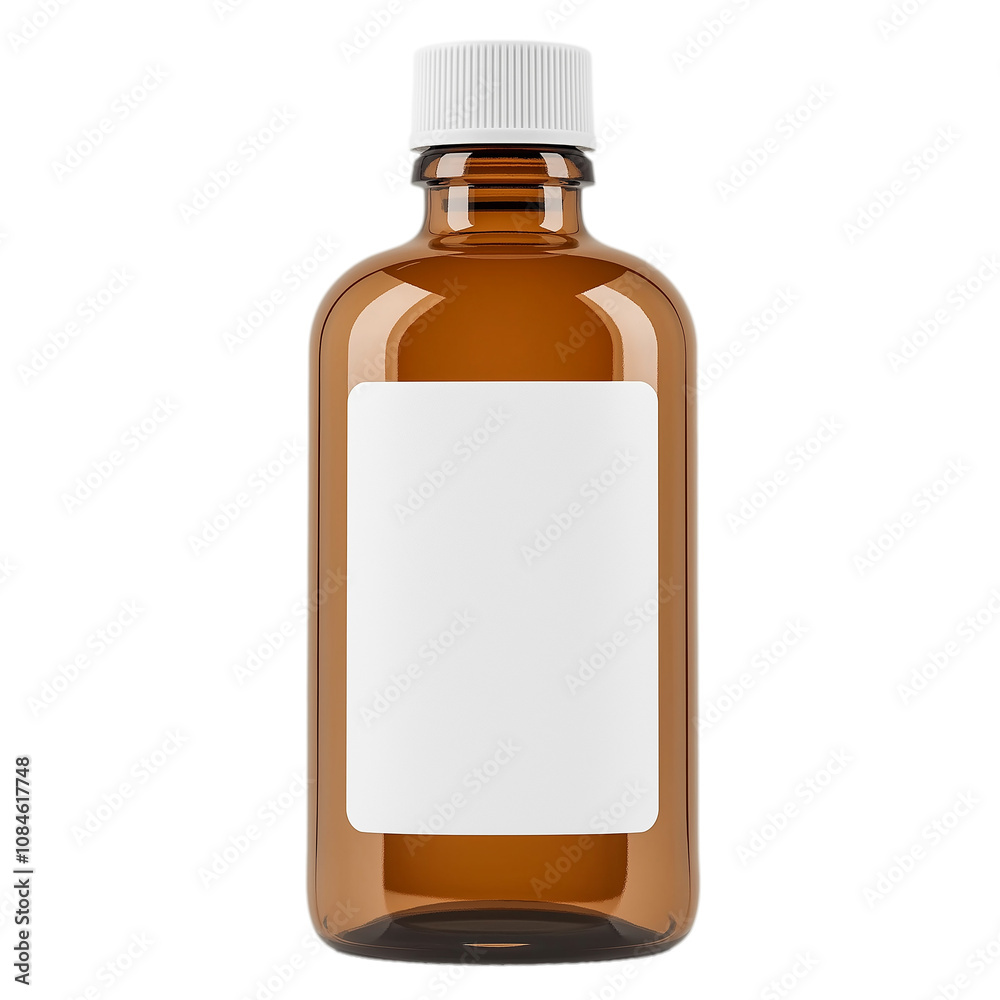 Brown glass bottle with a white cap on a minimalistic background.
Brown glass bottle with a white cap on a minimalistic background.